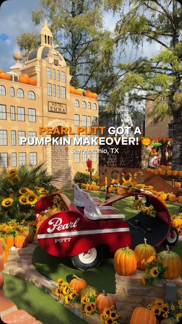 Pearl Putt pumpkin makeover with the Pearl brewhouse behind