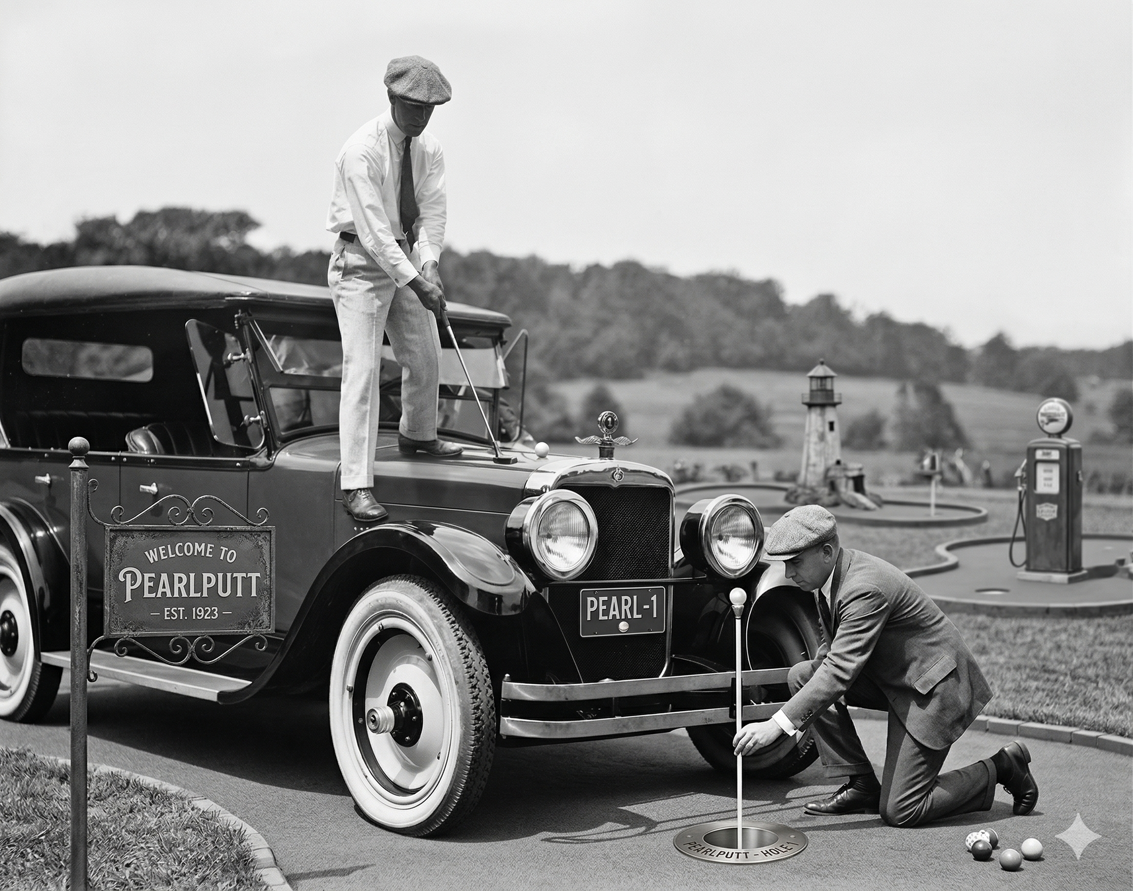 Vintage Pearl Putt mini golf scene with classic car