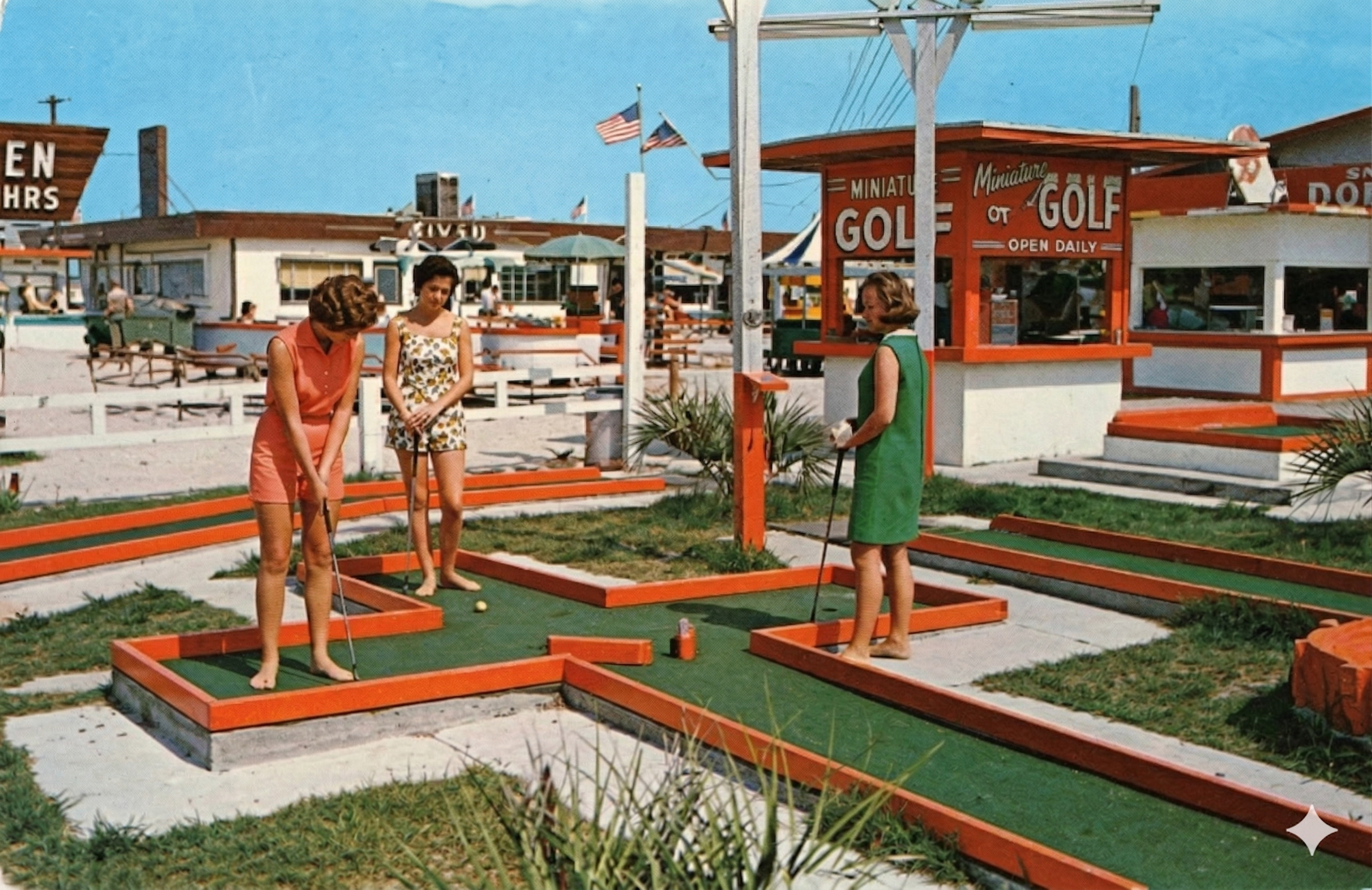 Vintage 1960s miniature golf course with Sno-Kones stand